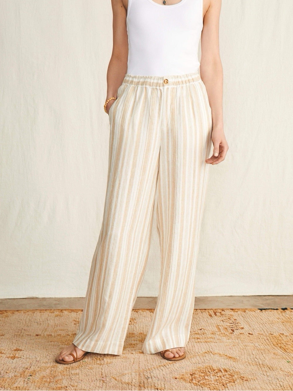 Faherty 100% Linen Monterey Straight Leg Stripe Pants Beige Ivory Size XS